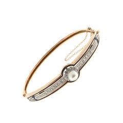 Pearl Diamond Blue Enamel Gold Bangle Bracelet