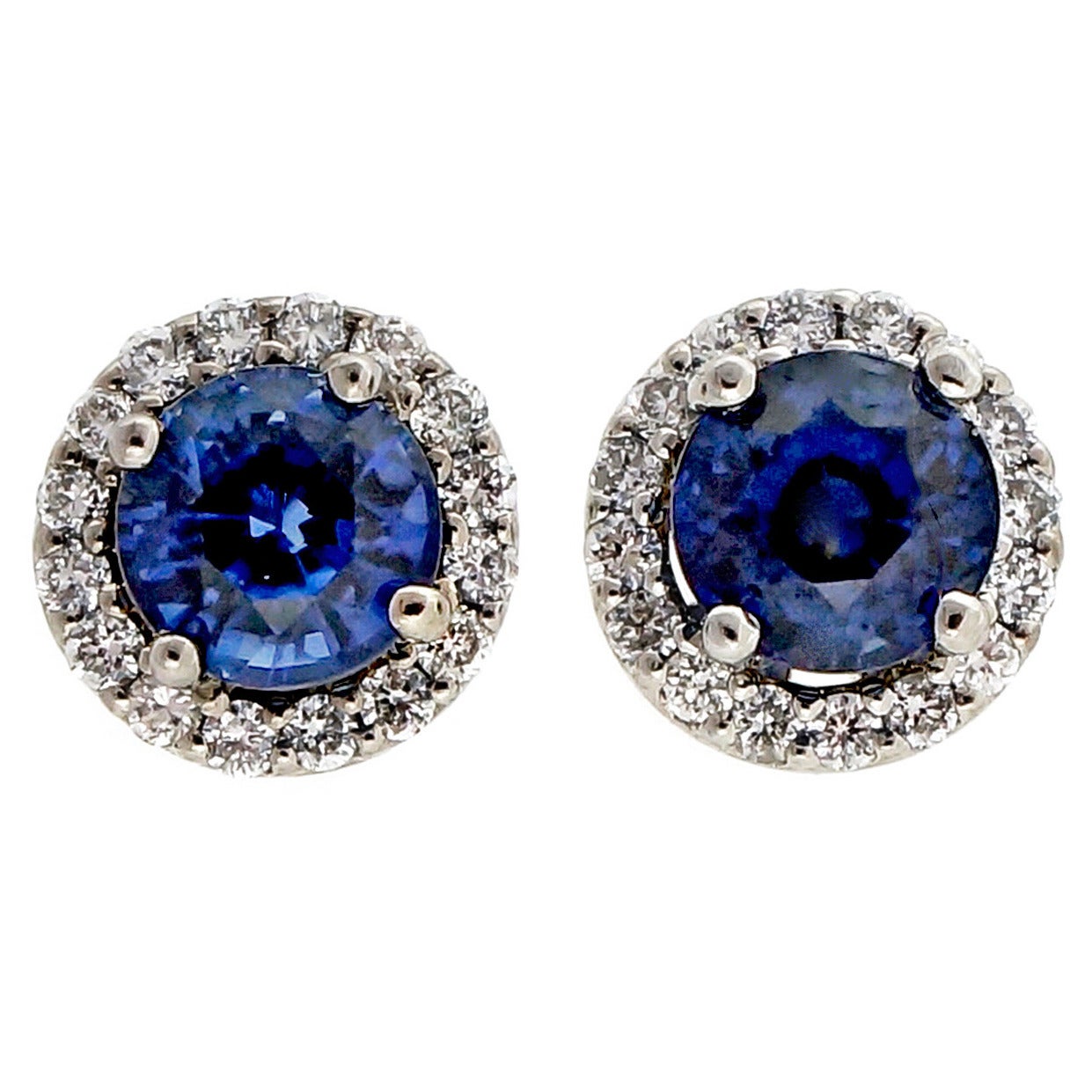Round Sapphire Diamond Gold Stud Earrings