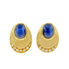 Vintage 1960s GIA Cert Cabochon Oval Sapphire Diamond Gold Earrings