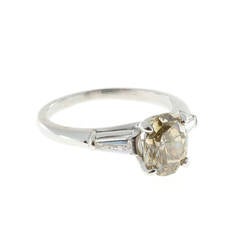 Natural Brown Green Yellow Oval Baguette Diamond Platinum Engagement Ring