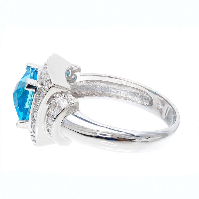 2.00 Carat Blue Topaz Diamond Halo White Gold Ring 2