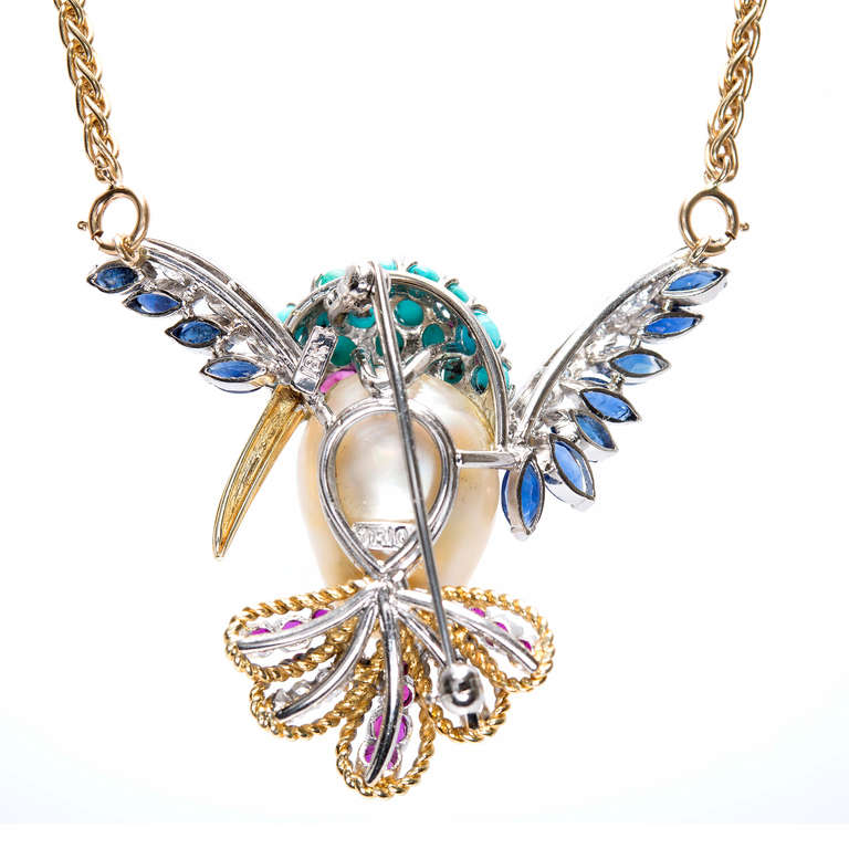 Hummingbird Pin Pendant in Pearl, Turquoise, Ruby, Sapphire and Diamond In Excellent Condition In Stamford, CT