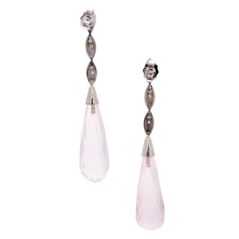 Rose Quartz Briolette And Diamond White Gold Dangle Earrings In Good Condition In Stamford, CT