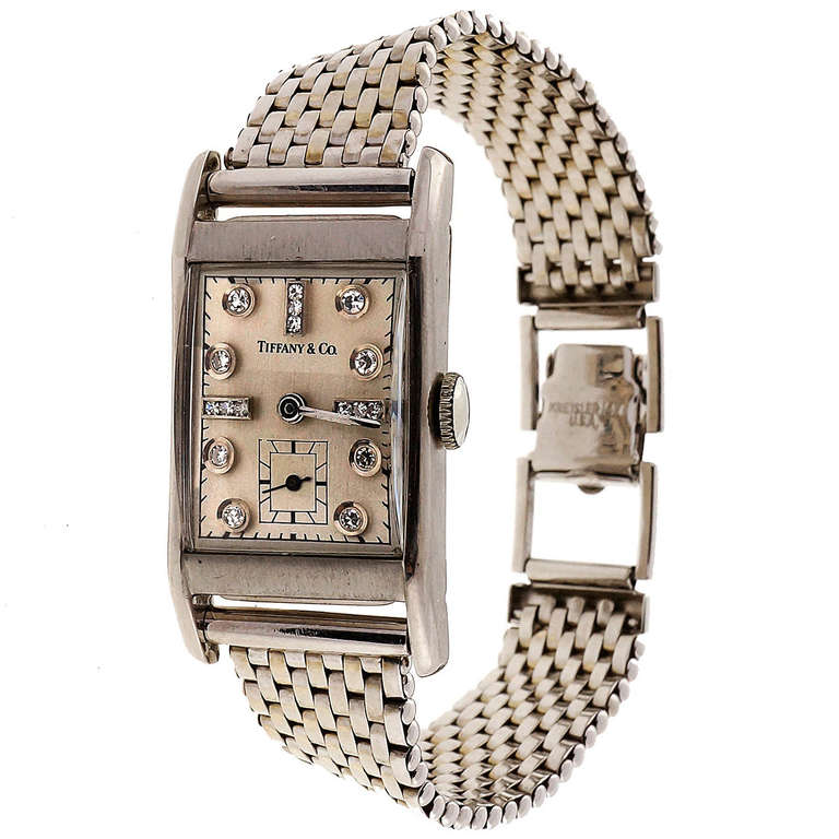 Longines Palladium Rectangular Wristwatch Retailed by Tiffany & Co. circa 1940s