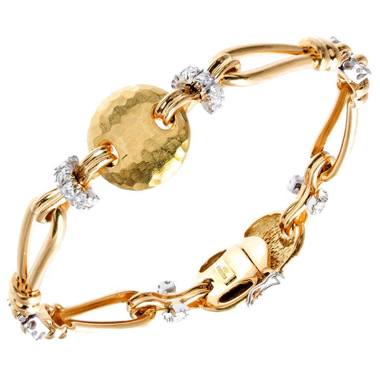 Yellow Gold and Diamond Hammered Bracelet