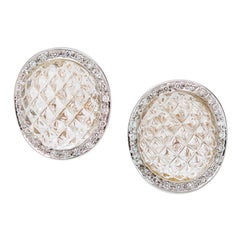 Cabochon Quartz Diamond Halo Pineapple Domed Clip Post Gold Earrings