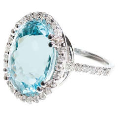  Natural Oval Aquamarine Diamond Gold Halo Ring