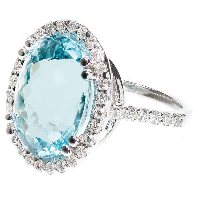  Natural Oval Aquamarine Diamond Gold Halo Ring