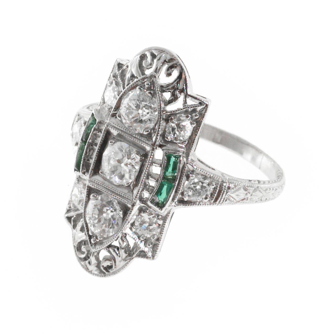 Art Deco Emerald Diamond Pierced Engraved Platinum Ring For Sale at 1stdibs