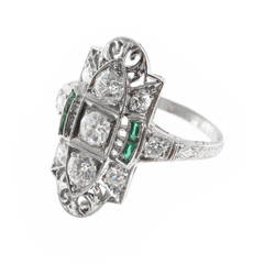 Art Deco Emerald Diamond Pierced Engraved Platinum Ring 2