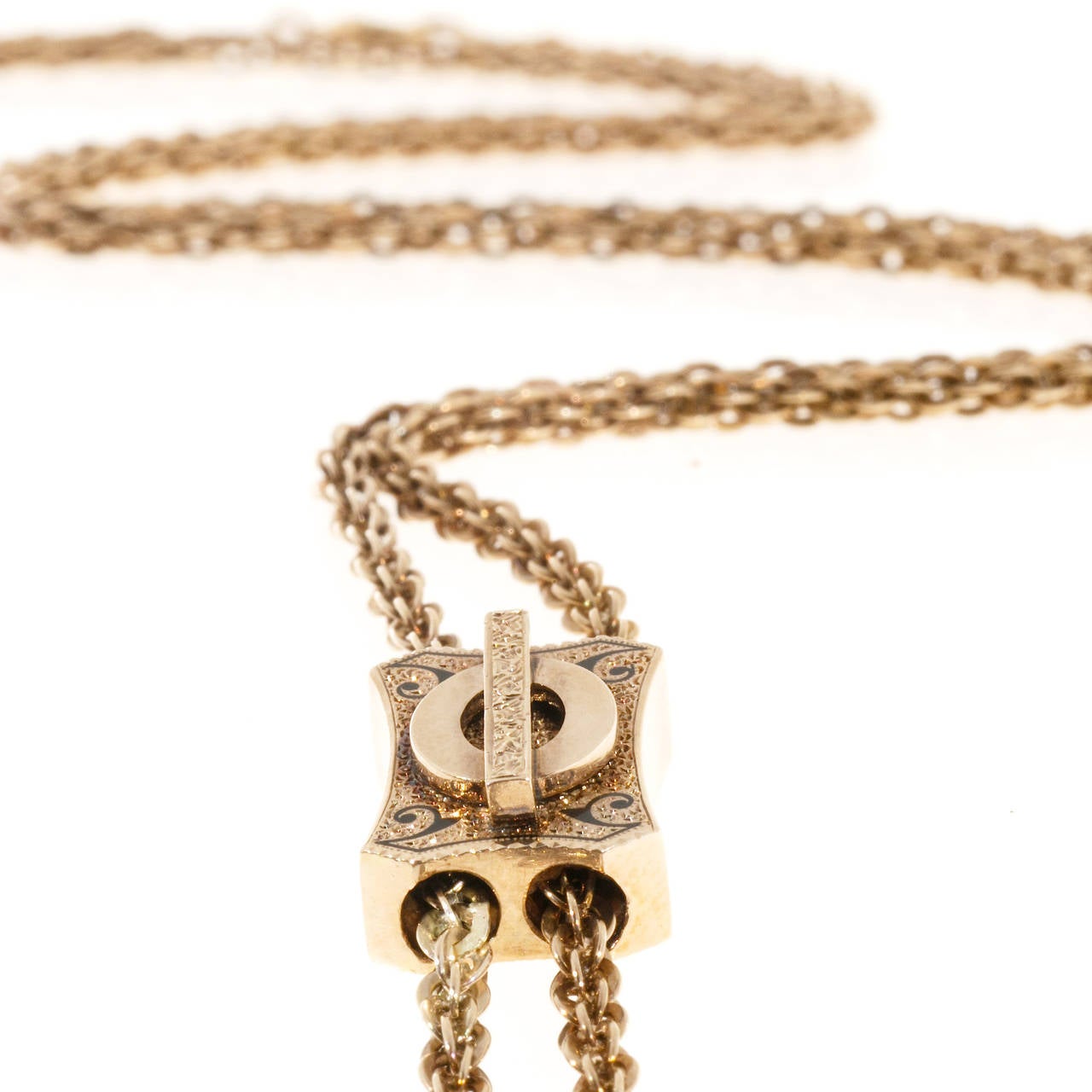 Victorian Handmade Engraved Enamel Gold Chain and Slide at 1stDibs
