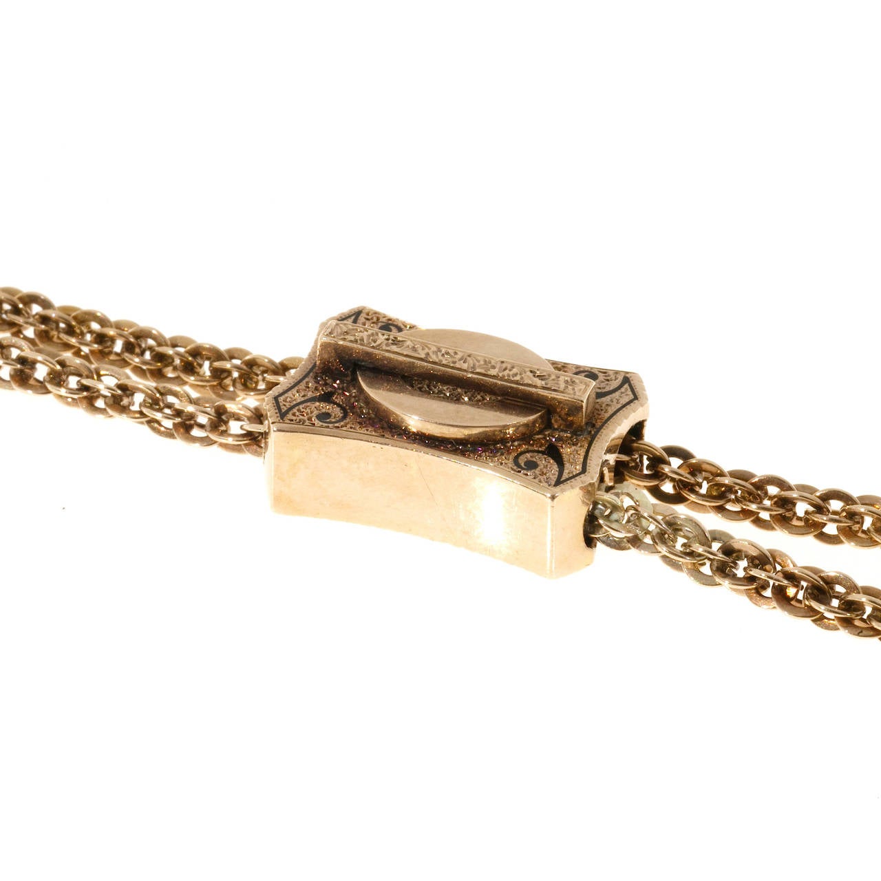 Victorian Handmade Engraved Enamel Gold Chain and Slide at 1stDibs