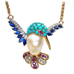 Vintage Hummingbird Pin Pendant in Pearl, Turquoise, Ruby, Sapphire and Diamond