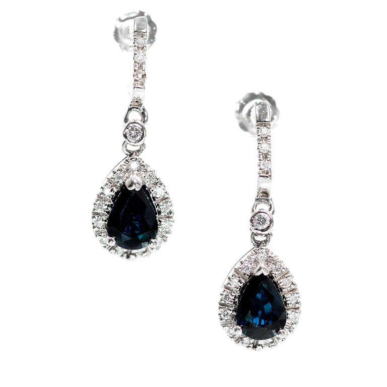 Cornflower Blue Sapphire Diamond Halo Gold Dangle Earrings
