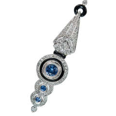 Onyx Sapphire Diamond  White Gold Lavaliere Pendant Necklace