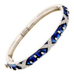 Hidalgo Blue Enamel Diamond Gold Bangle Bracelet