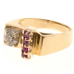 Vintage Brown Diamond and Ruby Rose Gold Platinum Ring
