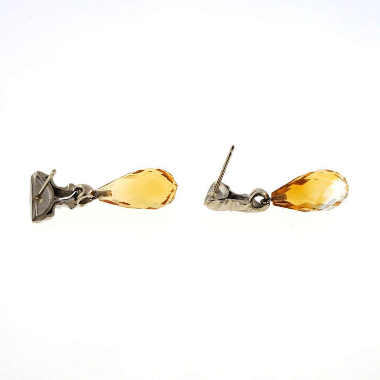 Twelve Carat Citrine Briolette White Gold Diamond Dangle Earrings In Good Condition In Stamford, CT