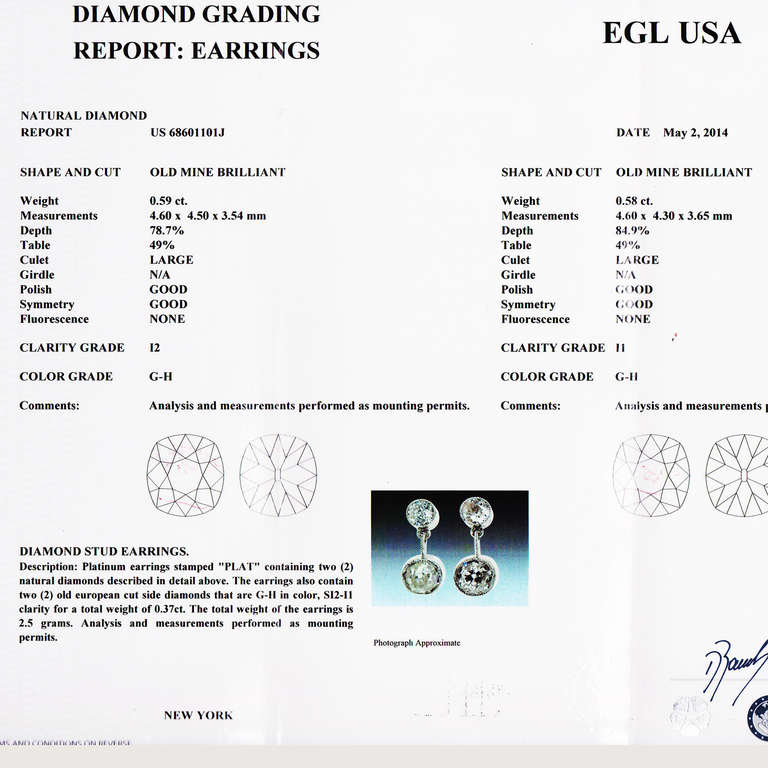 EGL Certified 1.54 Carat Old Mine Diamonds Platinum Dangle Earrings 2