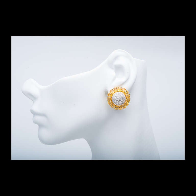 Women's Domed Button Citrine Diamond Cluster Gold Earrings