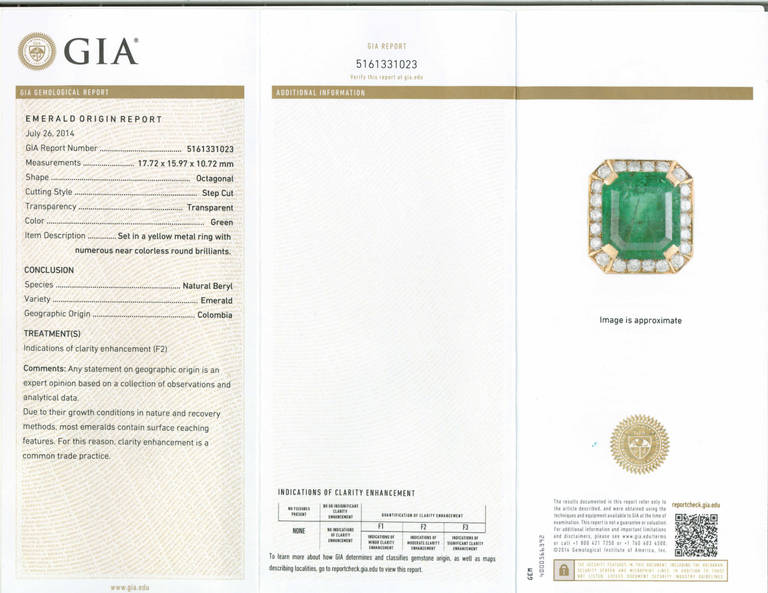 GIA Certified 18.75 Carat Emerald Diamond Halo Gold Cocktail Ring 2