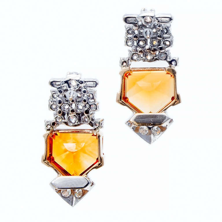 Retro Orange Citrine and Diamond Earrings