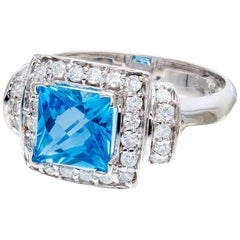 2.00 Carat Blue Topaz Diamond Halo White Gold Ring