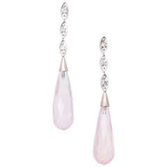 Antique Rose Quartz Briolette And Diamond White Gold Dangle Earrings