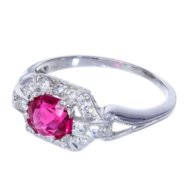 Art Deco Purplish Pink Certified Burma Ruby Platinum Diamond Ring