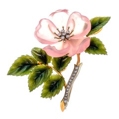 Rose Quartz Jade Diamond Gold Flower Brooch