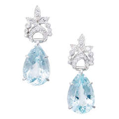Antique Pear Aqua And Diamond Platinum Dangle Earrings