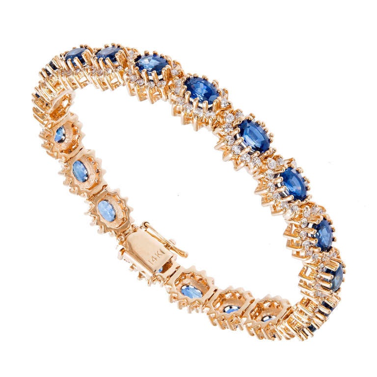 Bracelet en or jaune avec saphirs ovales et diamants ronds de 15,50 carats certifiés GIA