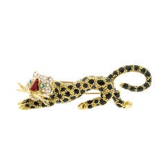 Emerald Diamond Black Enamel Yellow Gold Tiger Leopard Pin 6