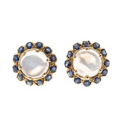 Antique Blue Moonstone Sapphire Gold Earrings