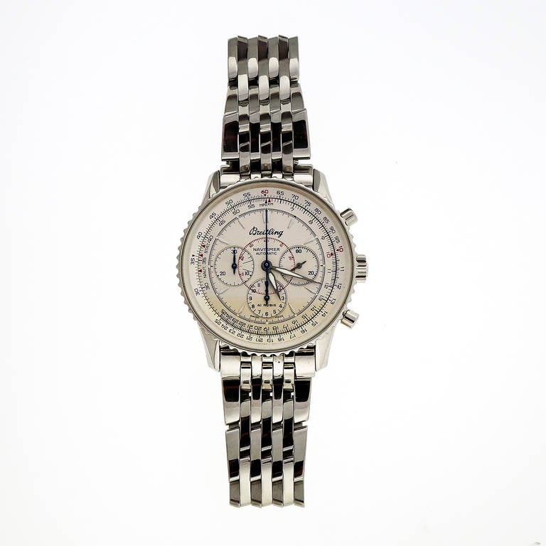 Breitling stainless steel automatic Navitimer chronograph wristwatch, with stainless steel bracelet. 

Stainless steel
Bracelet length: 8 1/8 inches
Top to bottom: 43mm  
Width without crown: 38mm
Width with crown: 39.8mm
Bracelet width at