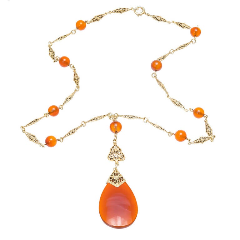 Victorian Carnelian and Yellow Gold Filigree Necklace