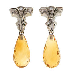 Vintage Twelve Carat Citrine Briolette White Gold Diamond Dangle Earrings