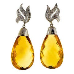 Yellow Citrine Briolette and Diamond White Gold Dangle Earrings 6