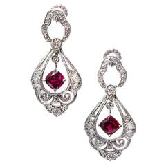 Antique Ruby and Diamond Platinum Dangle Earrings