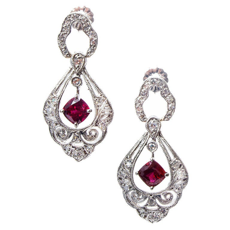 Ruby and Diamond Platinum Dangle Earrings