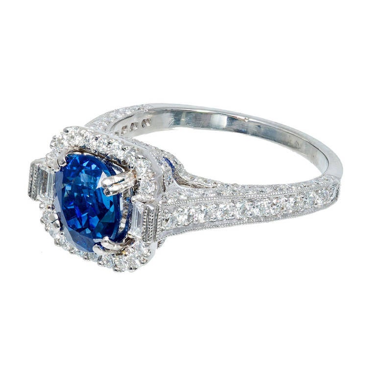 2.87 Carat Art Deco Natural Blue Sapphire Diamond Platinum Engagement