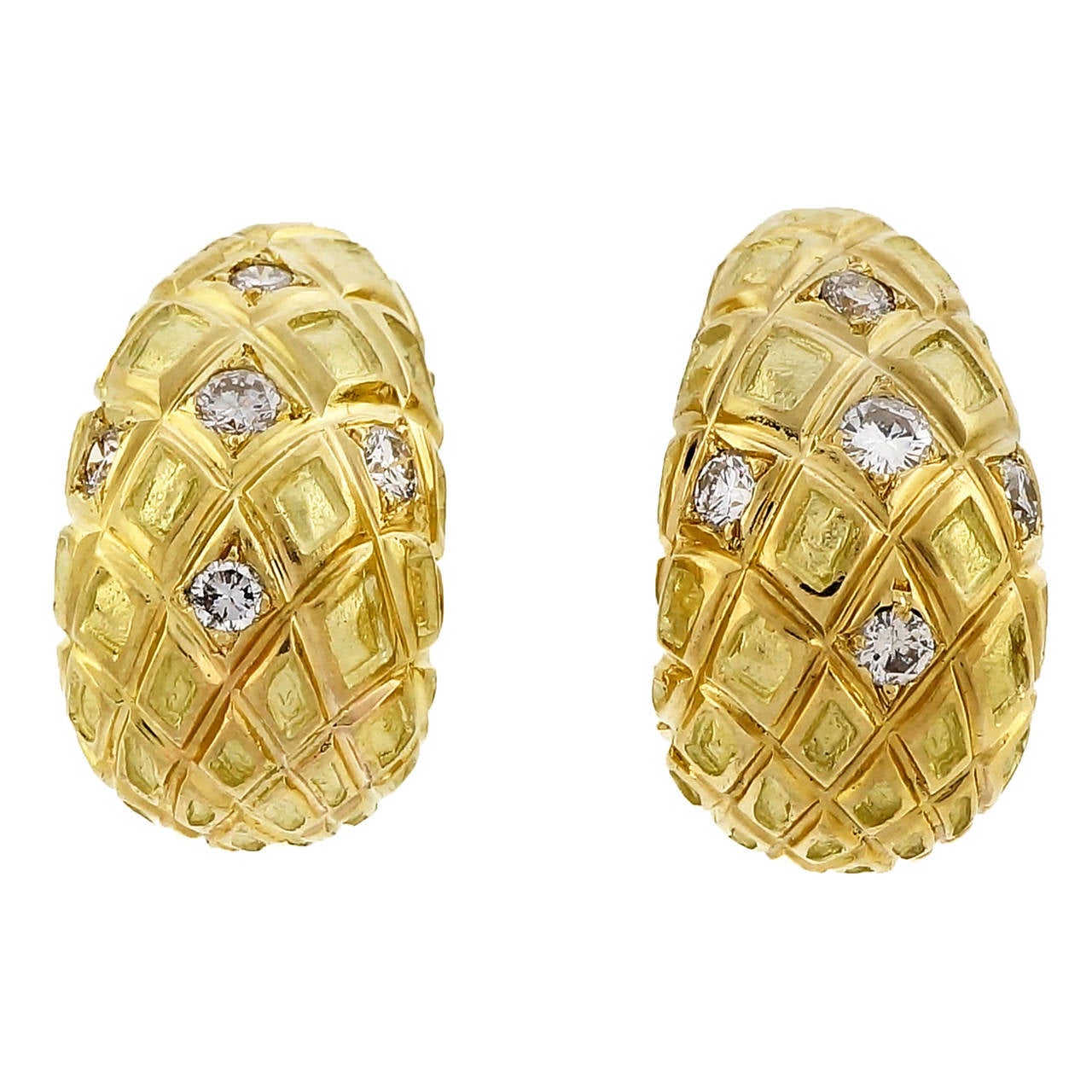 Domed Diamond Yellow Gold Clip Post Textured Earrings