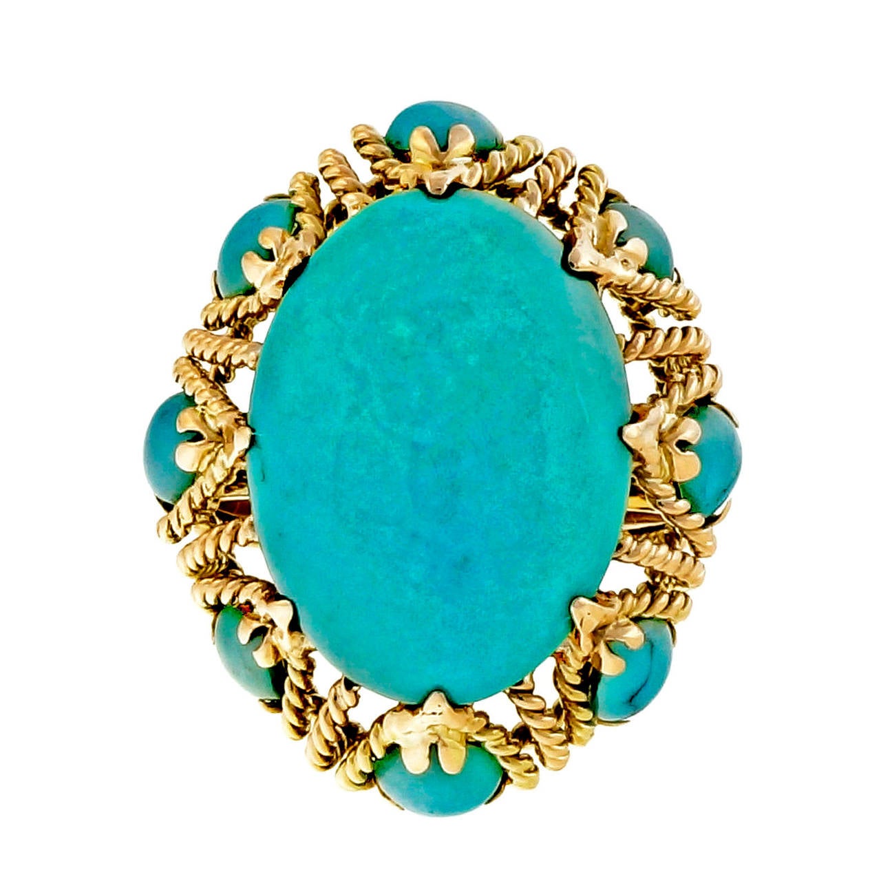 Large Bright Blue Turquoise Yellow Gold Dome Wire Ring