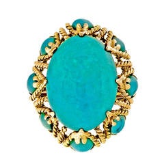 Large Bright Blue Turquoise Yellow Gold Dome Wire Ring