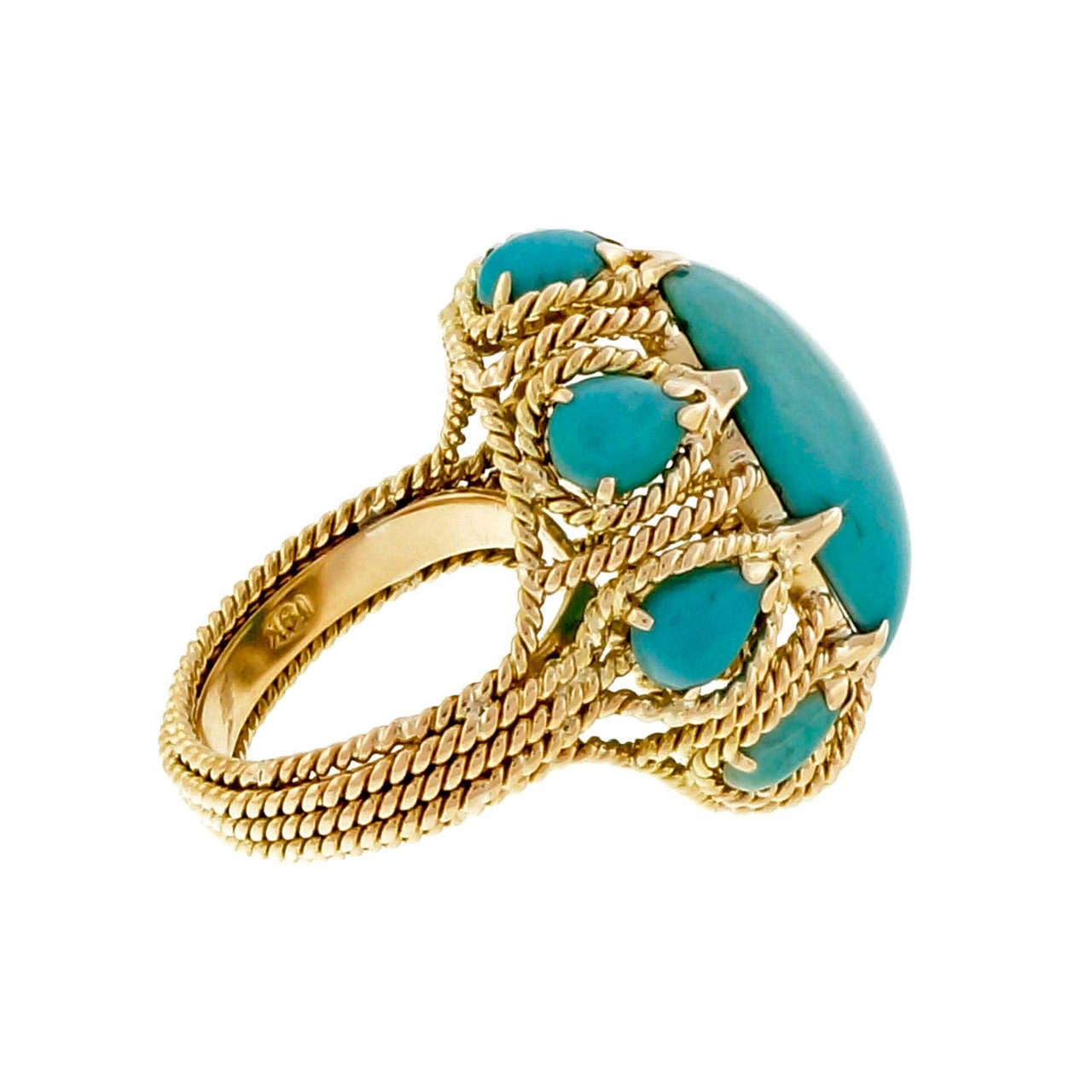 Women's Large Bright Blue Turquoise Yellow Gold Dome Wire Ring