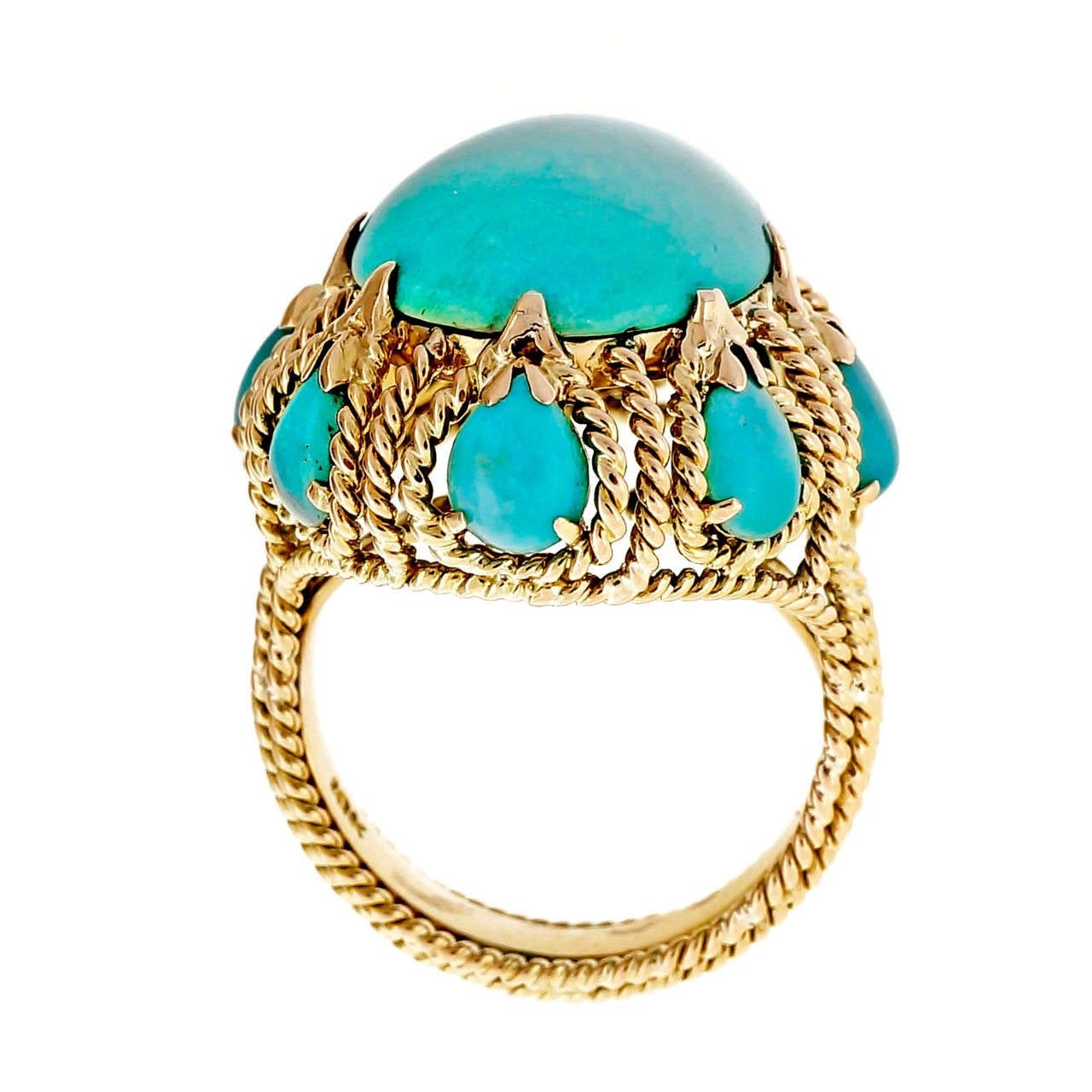 Large Bright Blue Turquoise Yellow Gold Dome Wire Ring In Good Condition In Stamford, CT