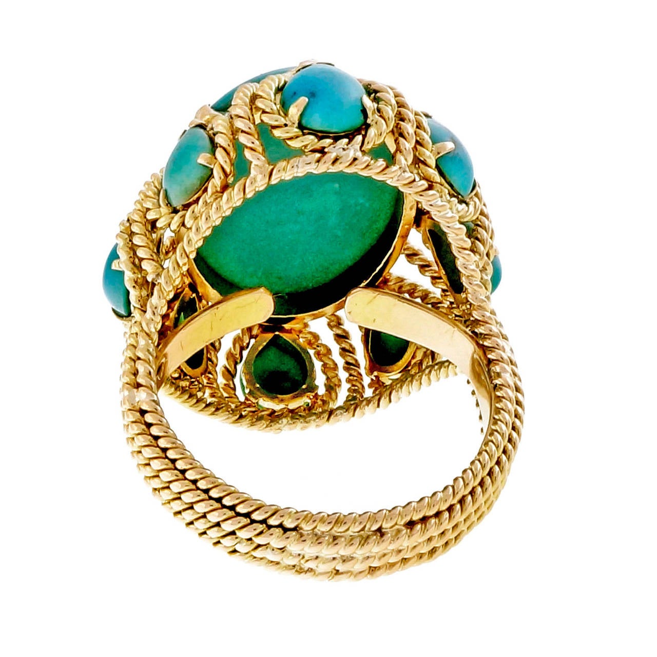 Large Bright Blue Turquoise Yellow Gold Dome Wire Ring 1