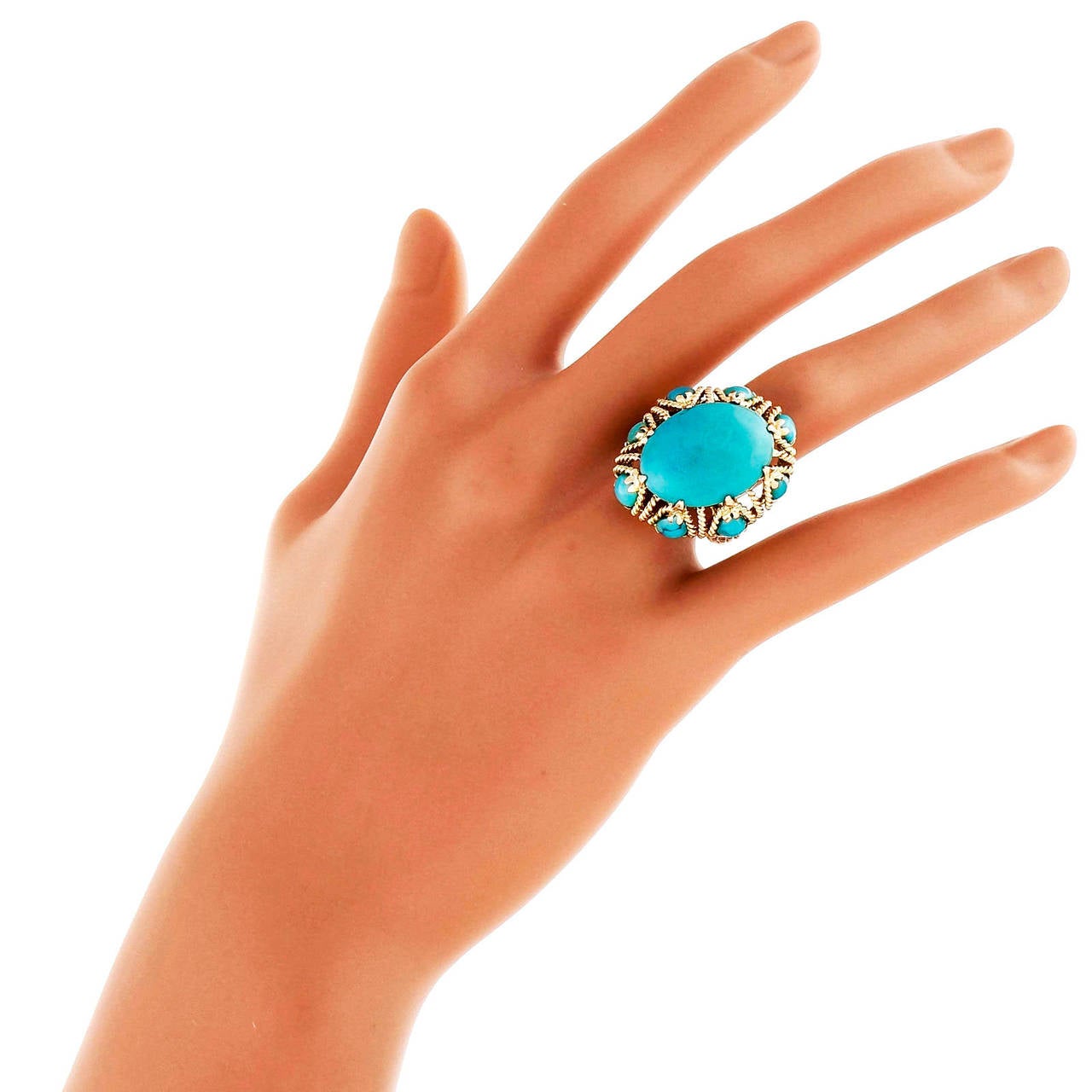 Large Bright Blue Turquoise Yellow Gold Dome Wire Ring 2