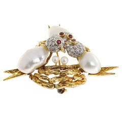 Trio Perle Diamant Rubin Barock Perle Dreifach Vogel Nest Brosche