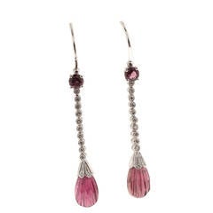 Diamond Pink Tourmaline Platinum Engraved Dangle Earrings 4